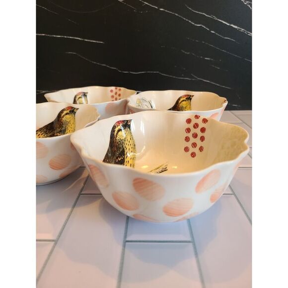 Anthropologie "On Safari" Soup/Cereal Bowls Scalloped Edge Birds Set of 4, EUC - Picture 6 of 9